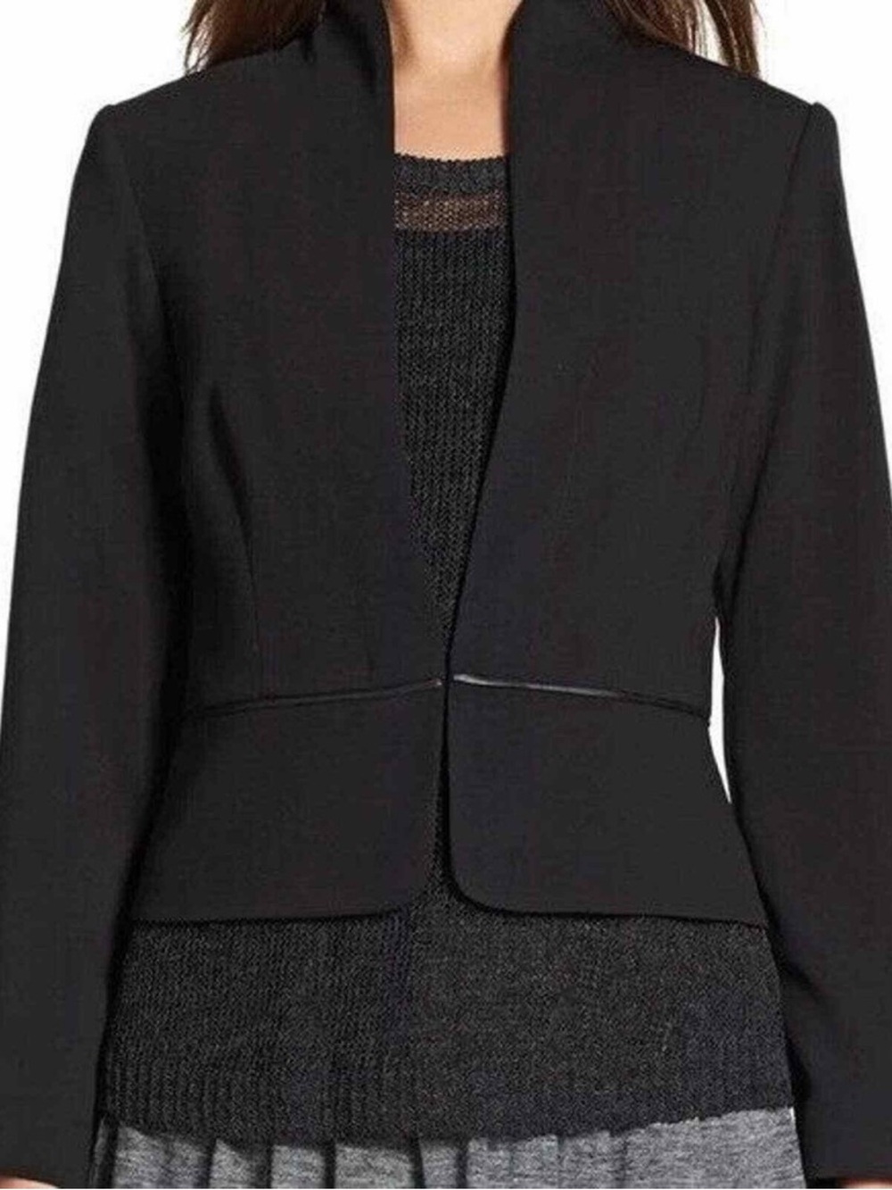Eileen Fisher Women's Black Blazer Jacket Silk Lined with Leather Trim Size L